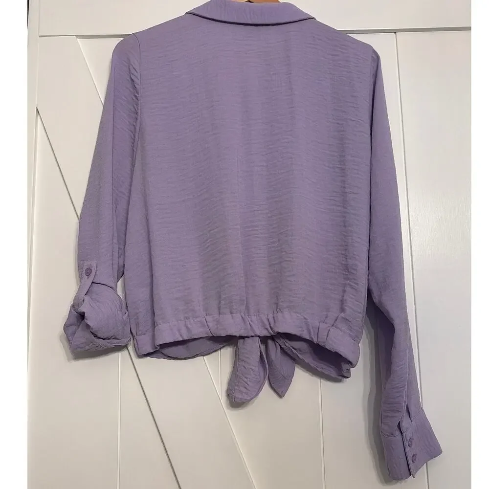 Simply Vera Vera Wang Lavender Medium Tie Front Button Up Blouse Roll Tab Sleeve - Picture 3 of 7